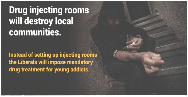 Liberal pamphlet on drug injecting rooms (side 1)