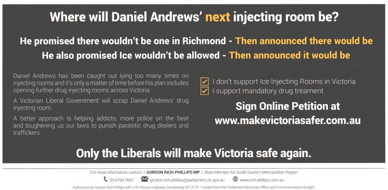 Liberal pamphlet on drug injecting rooms (side 2)